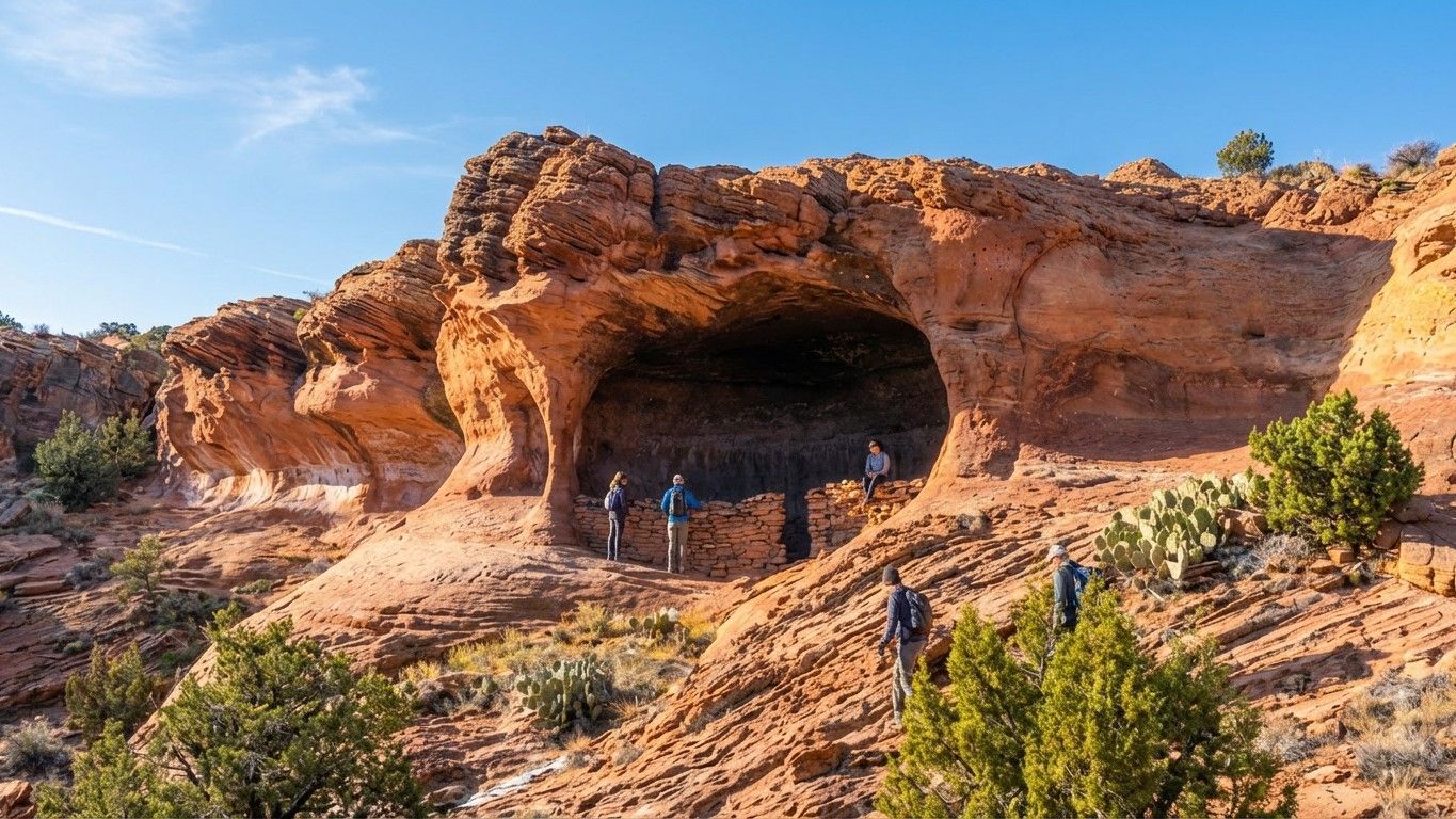 Hikers standing in a large cave-like sandstone alcove in a sunlit desert landscape