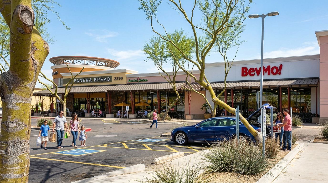Outdoor shopping center with people walking, a blue car, and a BevMo! storefront under sunny trees
