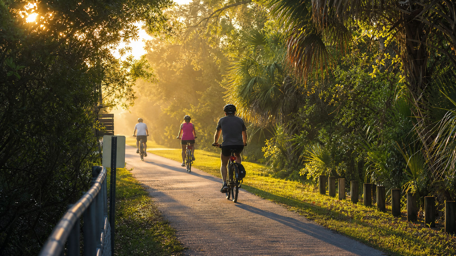 Cyclists ride on a sunlit tree-lined path at golden hour