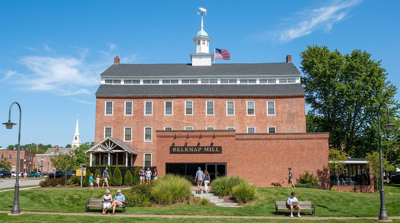 Historic brick building with a clock tower beside a landscaped park and benches under a blue sky