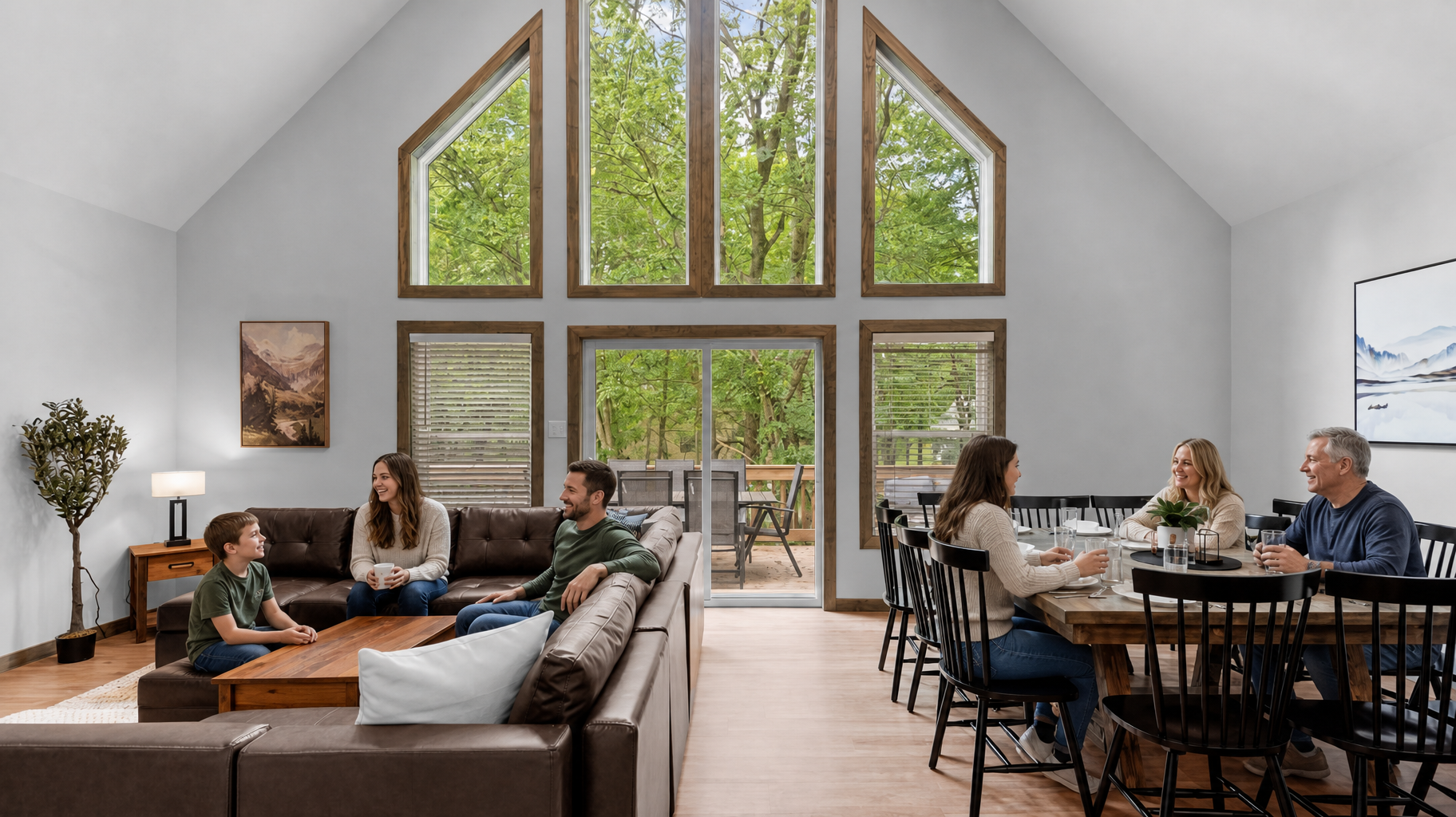 Modern living room with large windows, people chatting on sofas and at a dining table, and a fireplace