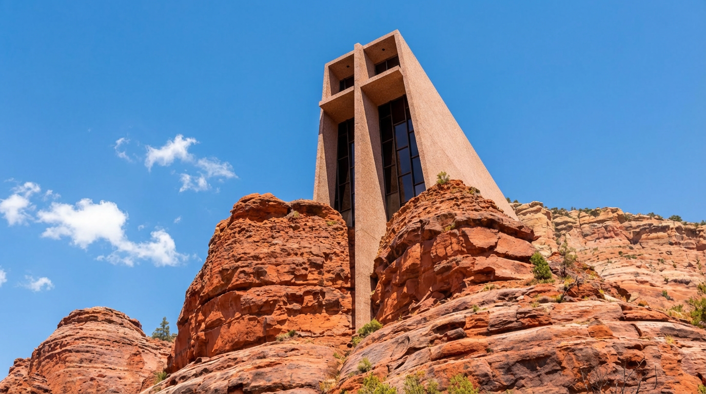 Tall red sandstone monument rising above canyon rocks under a blue sky