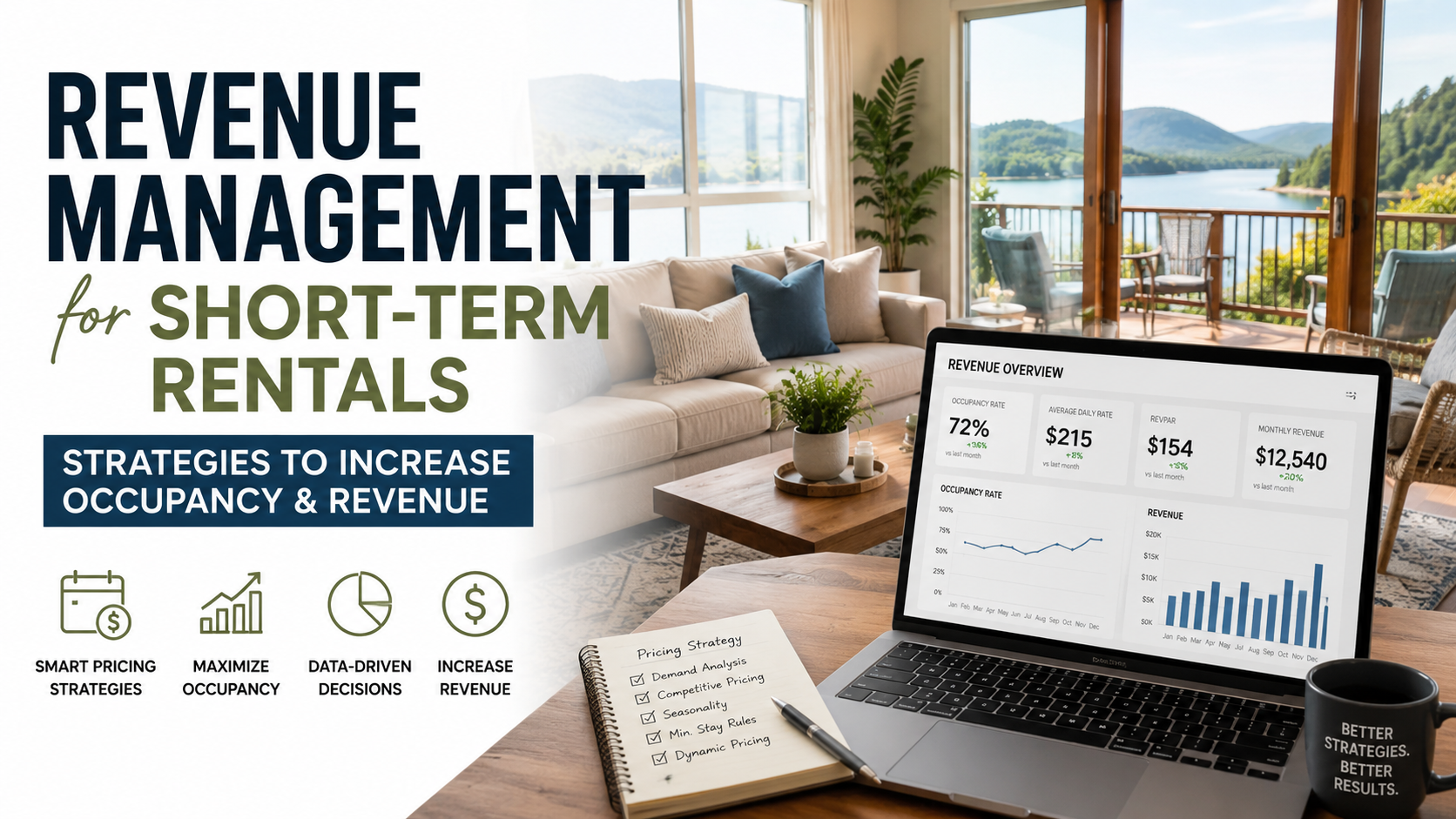 Revenue management for short-term rentals poster with laptop analytics in a bright home office