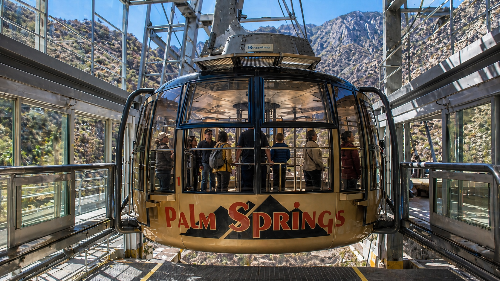 Palm Springs tram car inside a glass station with mountain backdrop