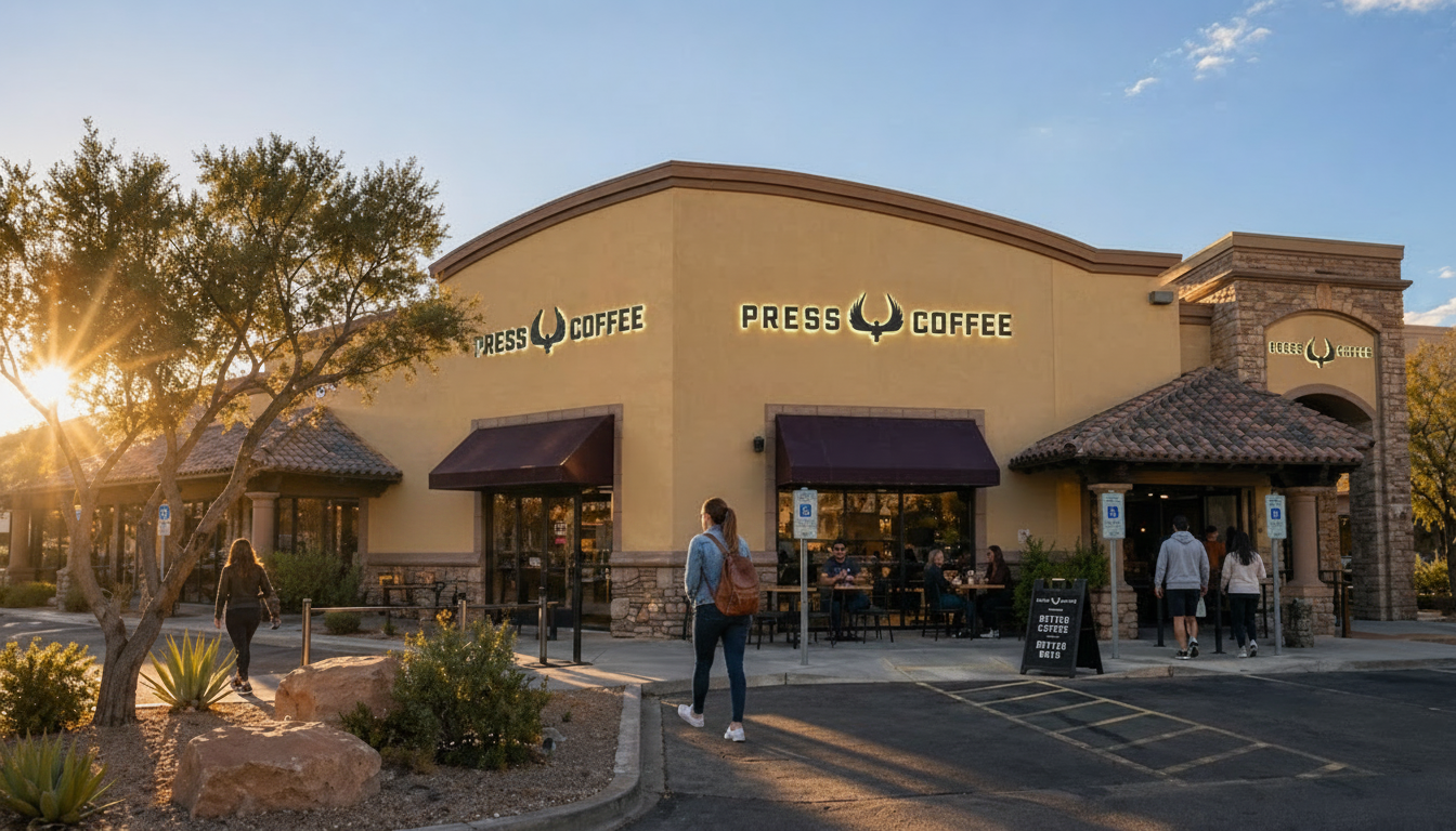 Sunlit shopping center storefront with people walking near entrances and desert landscaping