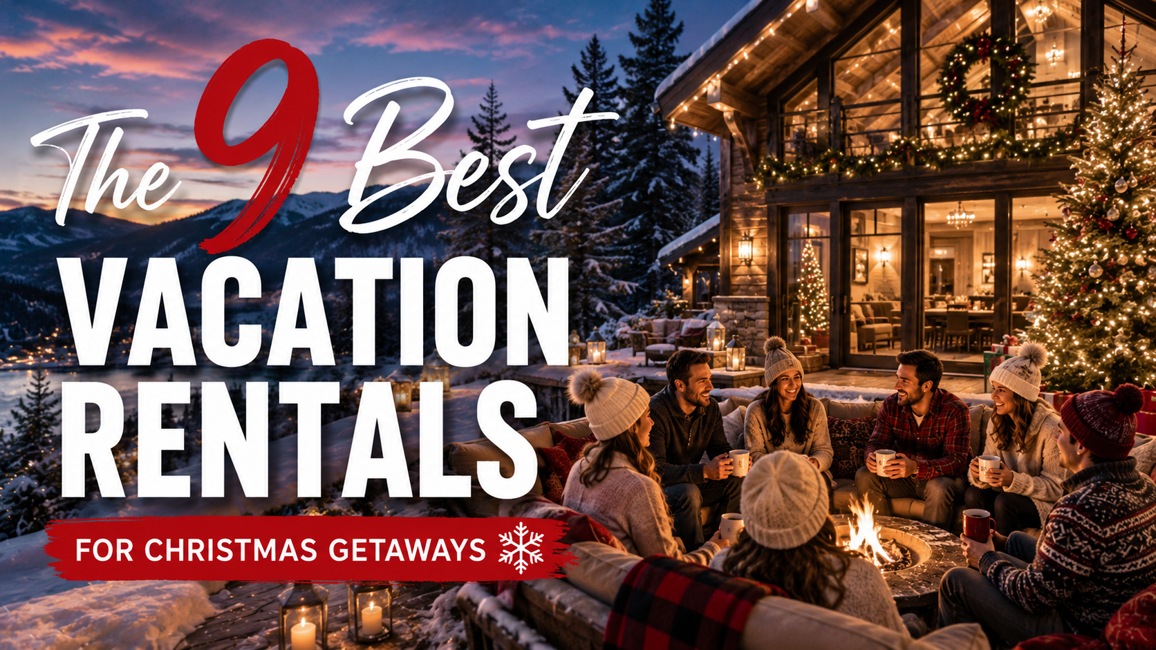 Promotional graphic for “The 9 Best Vacation Rentals for Christmas Getaways” with a cozy holiday cabin scene