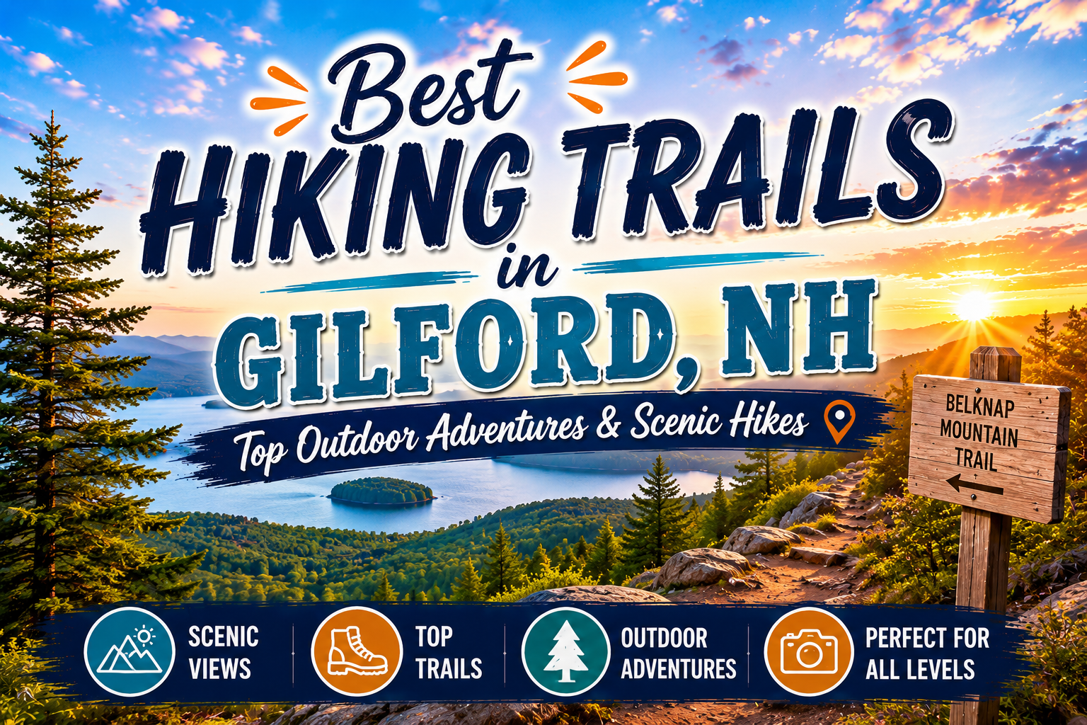 Best hiking trails in Gilford, NH with scenic mountain views and outdoor adventure icons