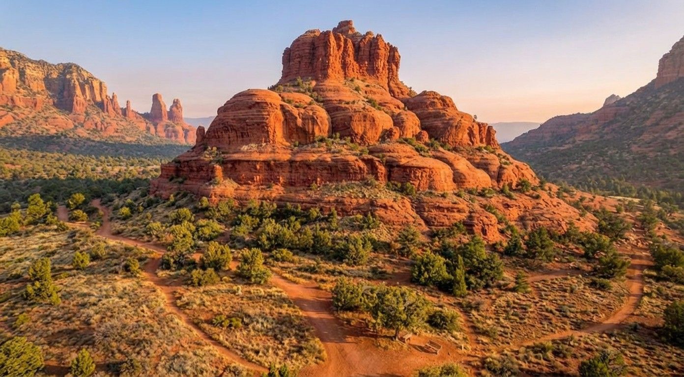 Red sandstone buttes and green shrubs in a sunlit desert landscape at sunset