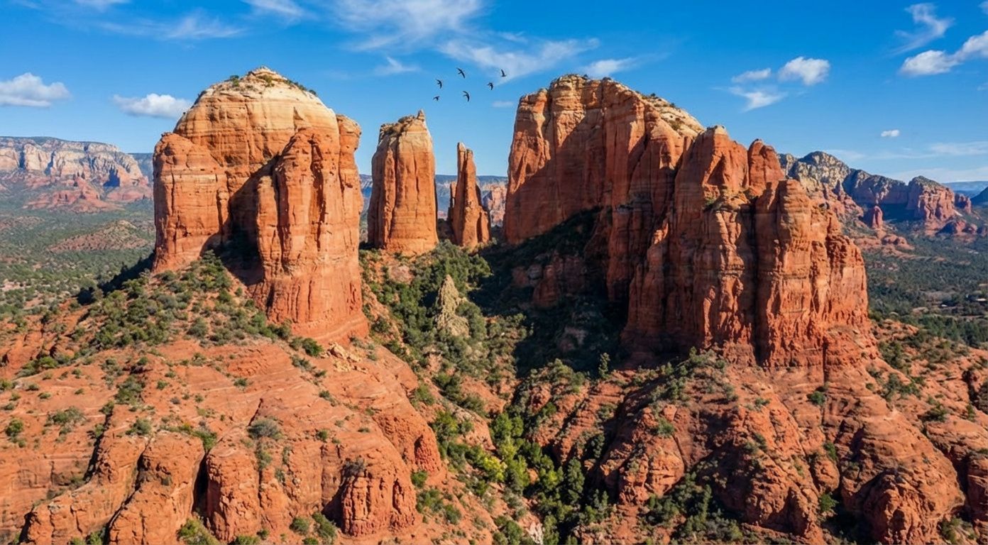 Red sandstone cliffs and spires in a desert canyon under a clear blue sky