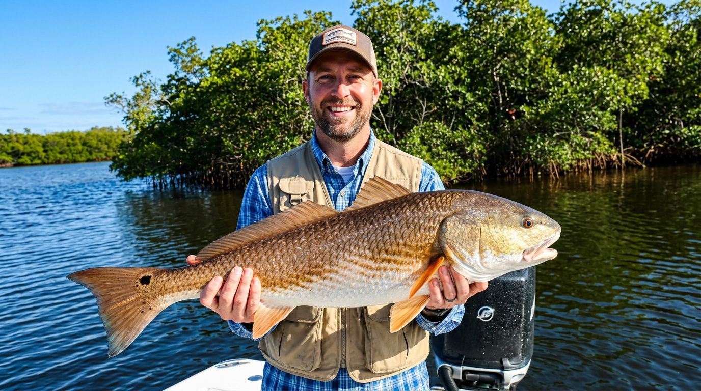 Angler holding a large fish on a boat in sunny mangrove waters