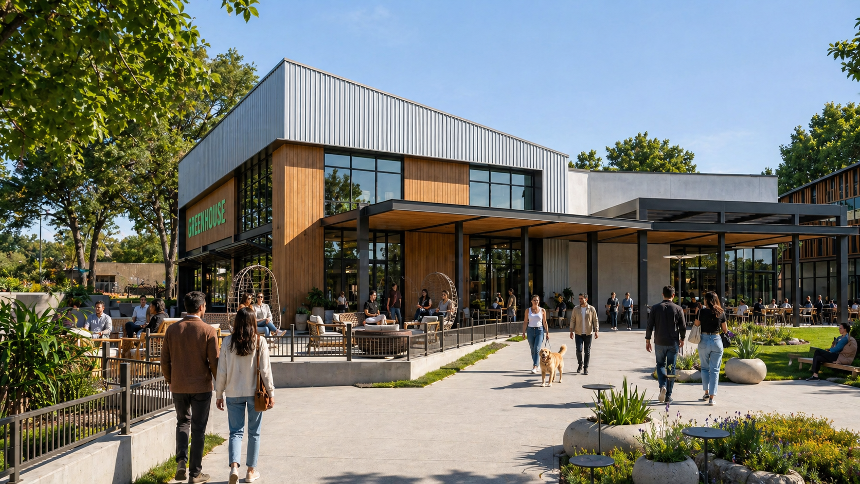 People walking outside a modern glass-and-wood building with a patio and trees