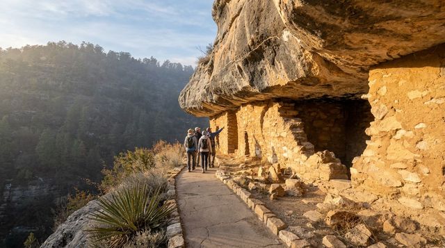 Hikers walk beside a sunlit cliffside trail above a misty forest valley