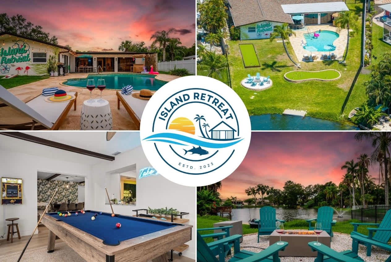 Resort collage with pool, patio, and pool table at sunset, centered on an Island Retreat logo