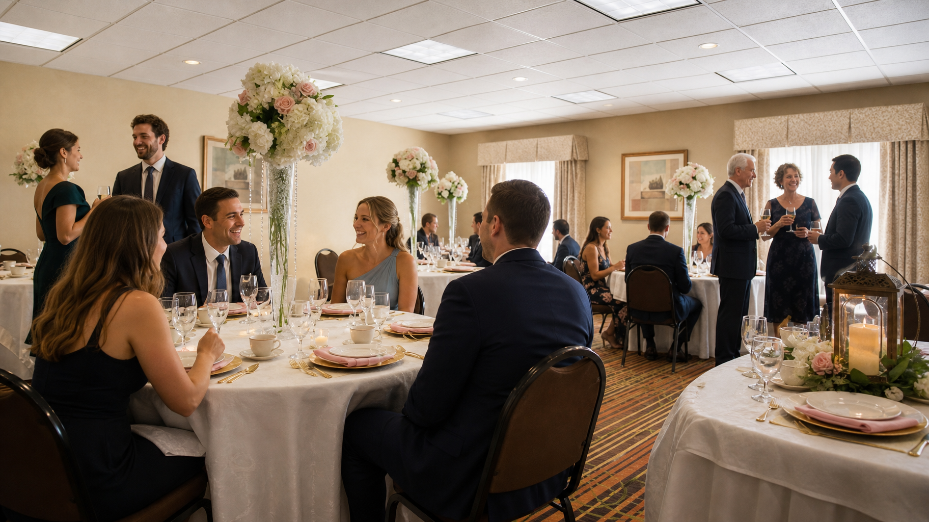 Guests seated at round tables during a formal indoor banquet reception