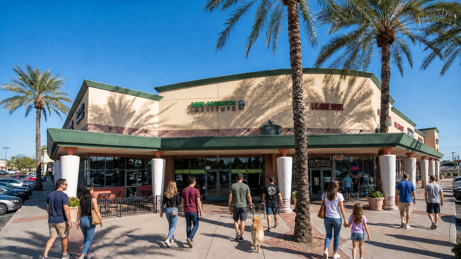 People walking past a beige storefront with palm trees and a blue sky on a sunny day