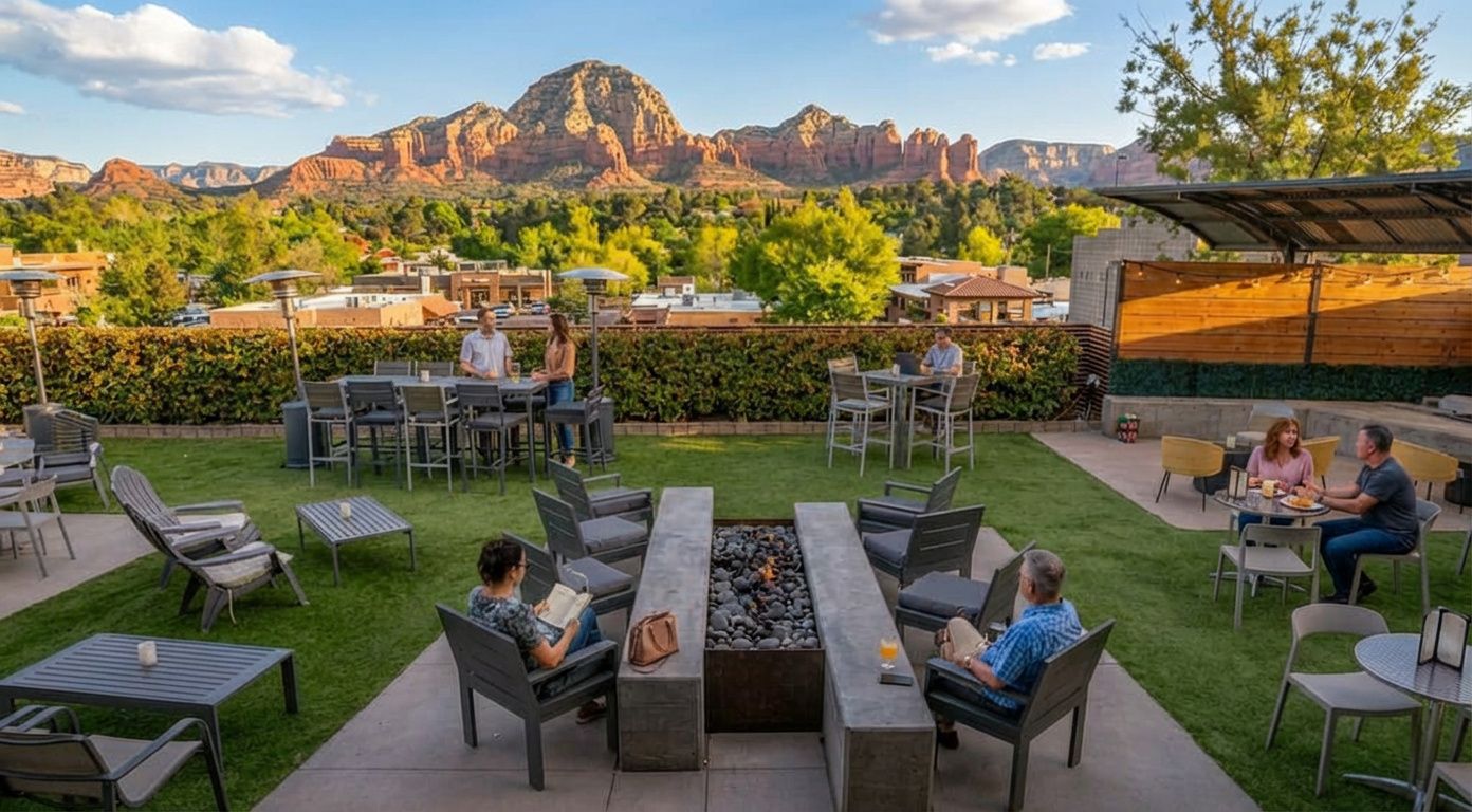 People relaxing on a grassy patio with fire pits, outdoor furniture, and a scenic mountain view in Sedona, Arizona.