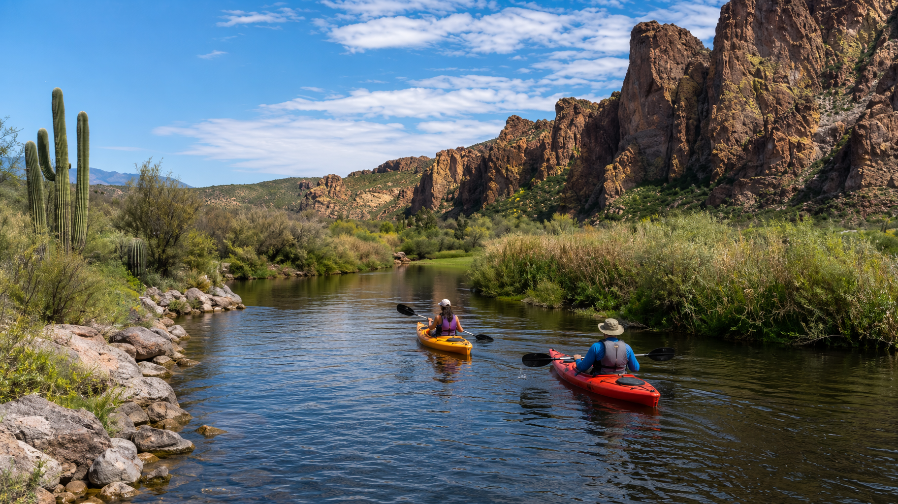 Two kayakers paddling a desert river between rocky cliffs and tall reeds under a blue sky
