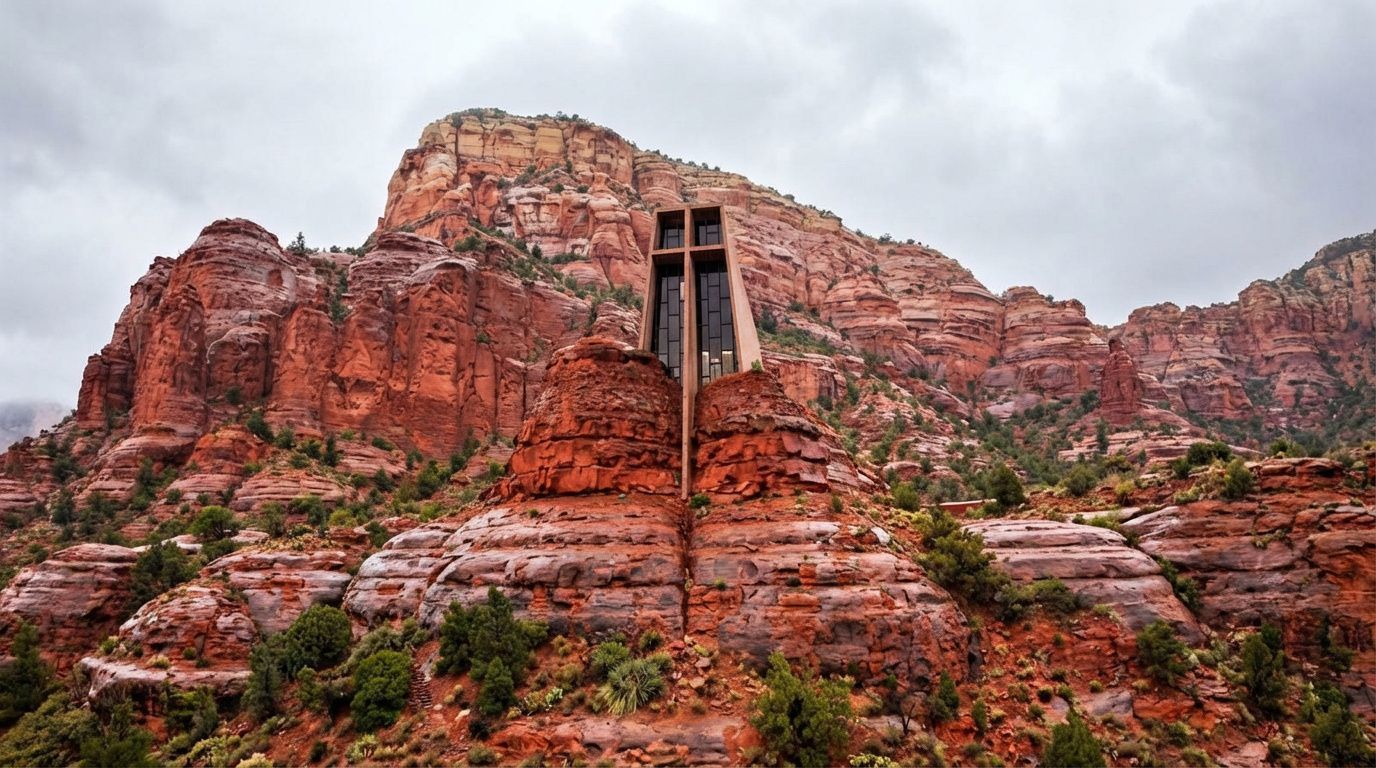 Red sandstone cliffs with a narrow stone tower built into the rock under a cloudy sky