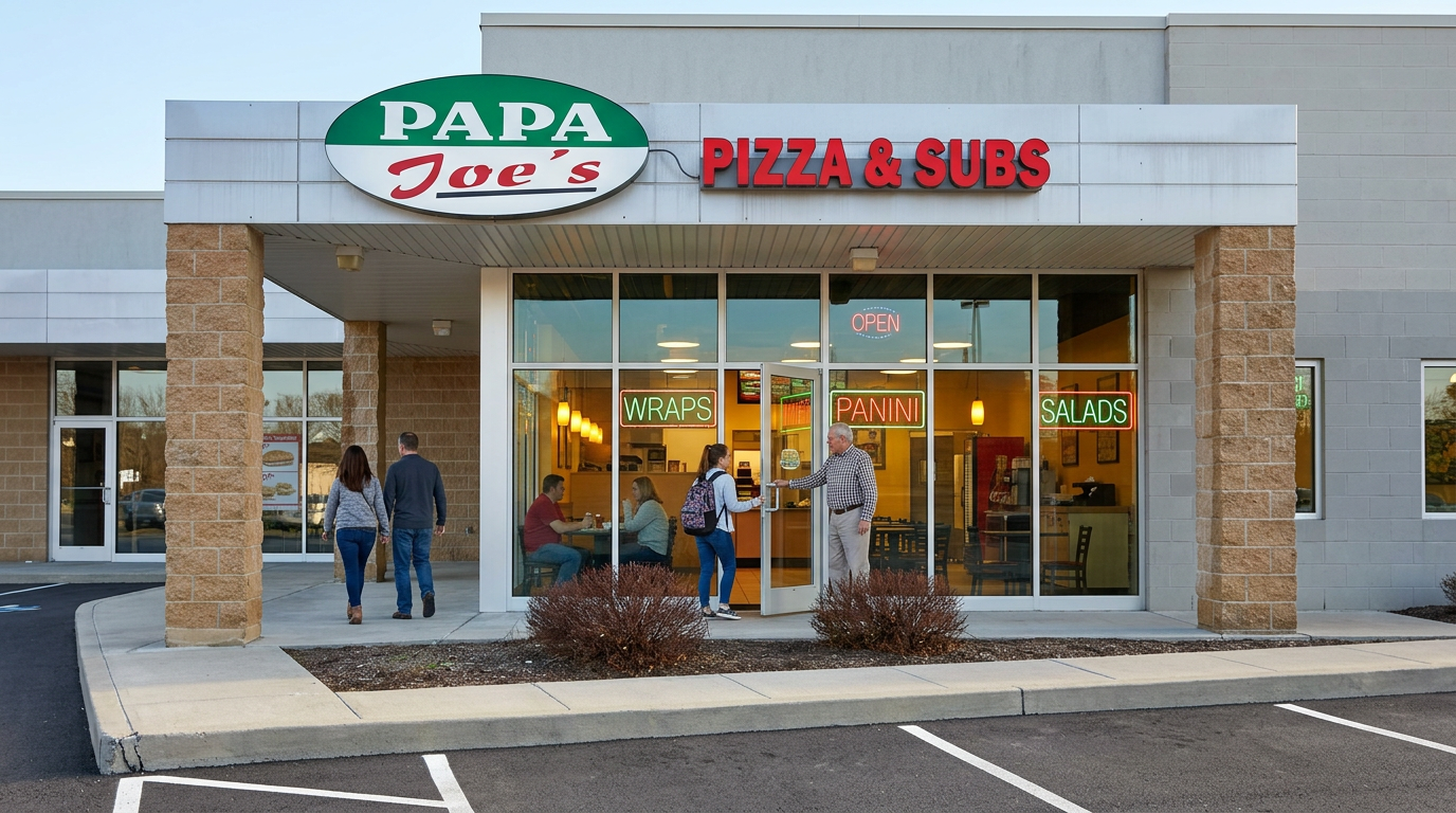 Papa John’s Pizza & Subs storefront with glass entrance and a few people outside