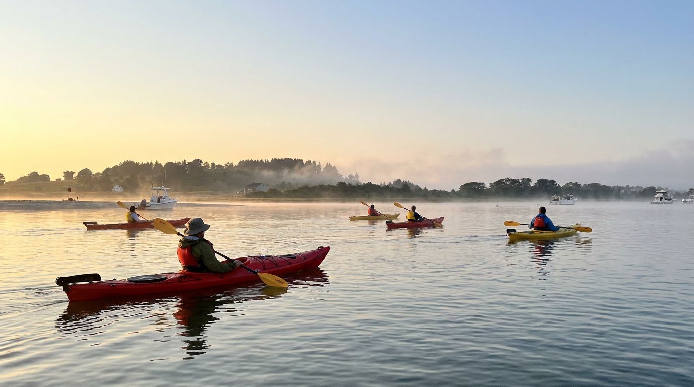 Kayakers paddling on calm water at sunrise, with misty shoreline in the distance