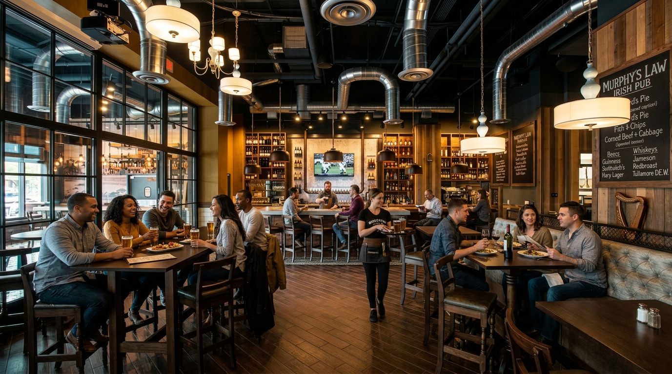 Busy modern café with patrons seated at tables, warm hanging lights, and a long wooden bar