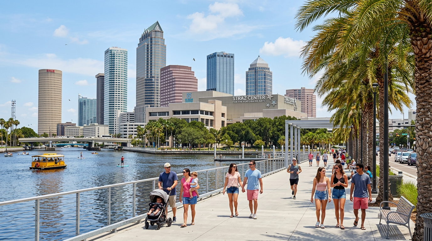 People strolling along a waterfront promenade with city skyline and boats on a sunny day