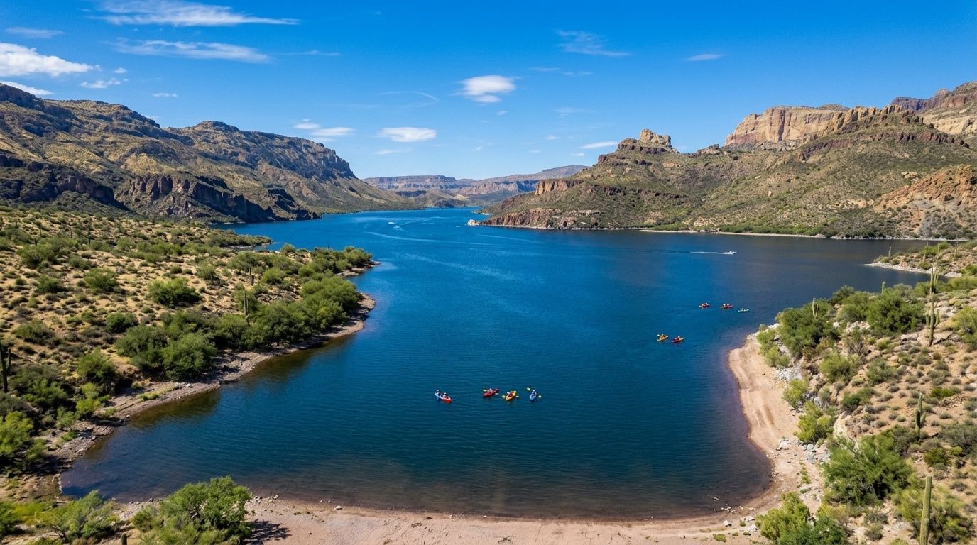 Wide blue river between rocky desert hills under a clear sky, with kayakers near the shore.