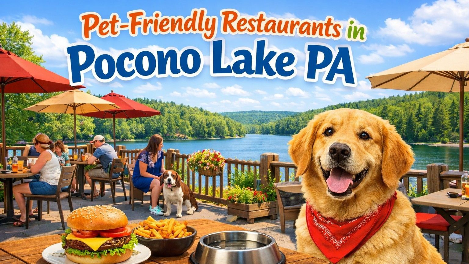 Golden retriever with red bandana near pet-friendly restaurant table. Lake in background.