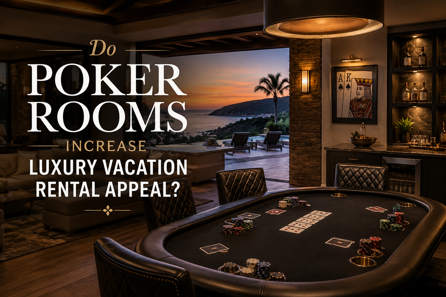 Luxury vacation rental poker room with a table, chips, and sunset ocean view; text asks if it increases appeal