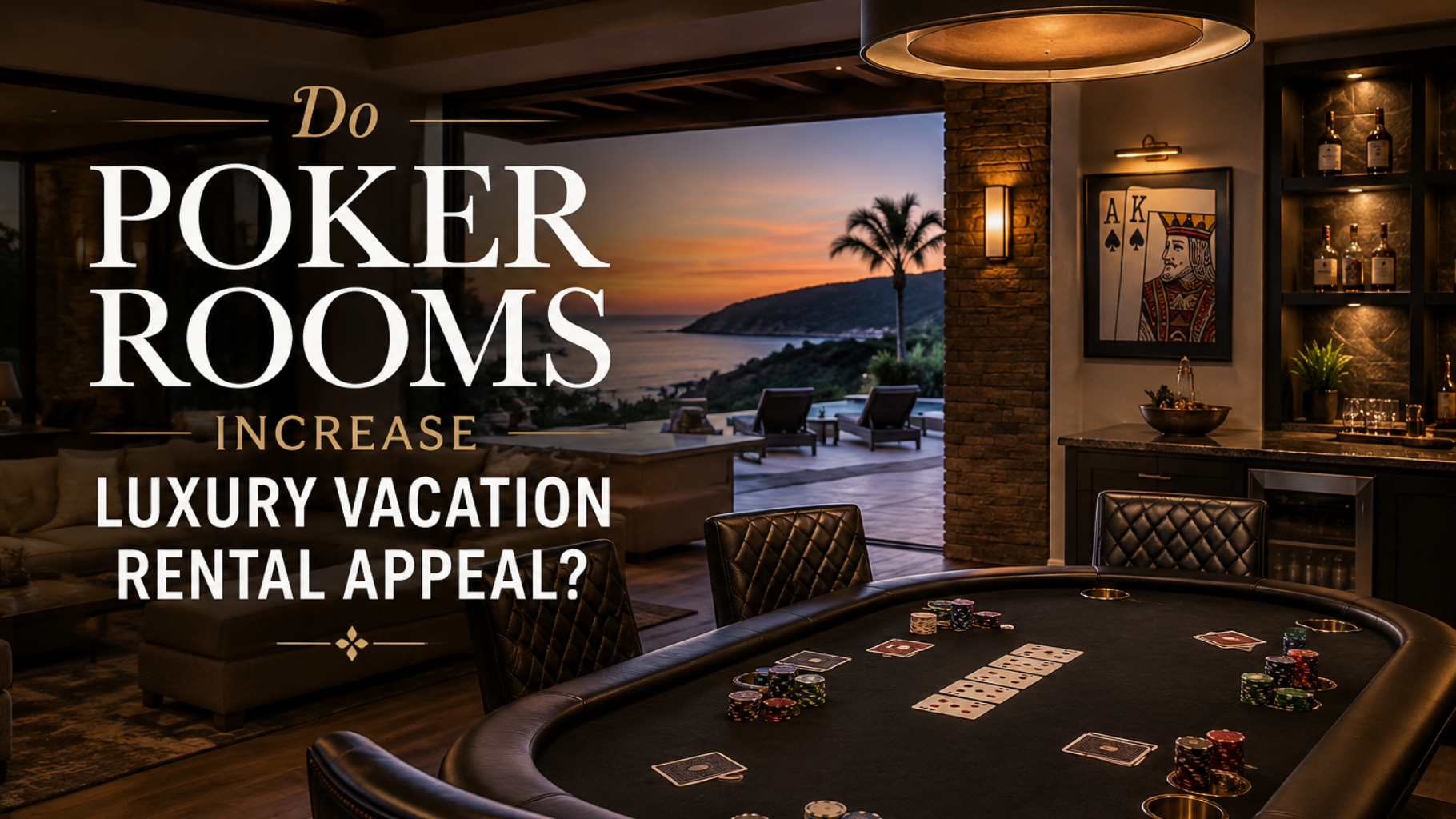 Poker room with a sunset view and text asking if it increases luxury vacation rental appeal