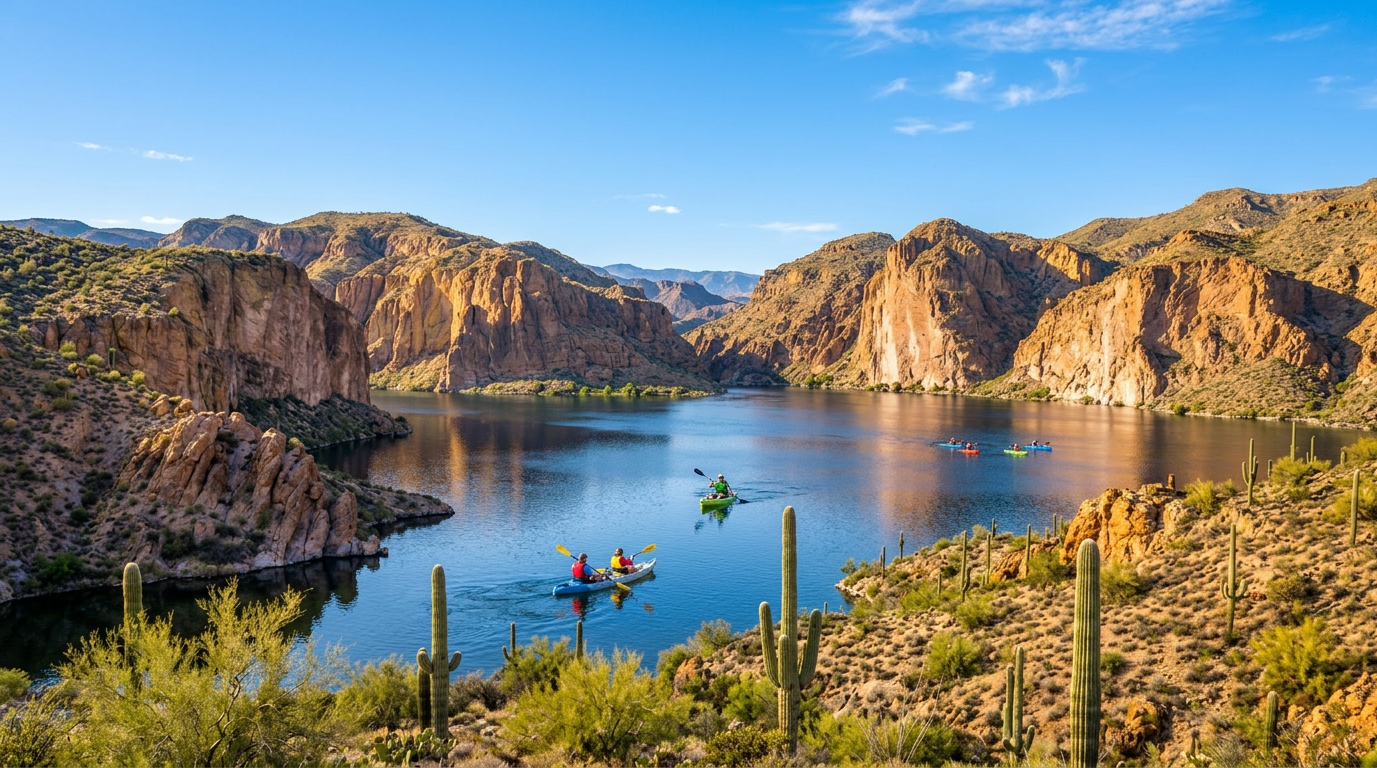 Kayaks on a calm lake surrounded by rocky canyon cliffs and green shrubs under a blue sky