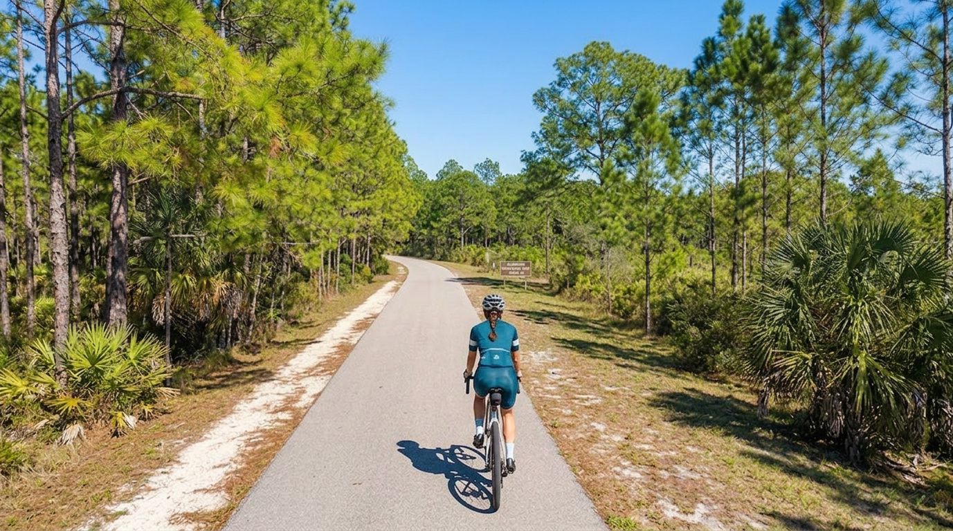 Cyclist riding on a paved road through a sunny wooded landscape