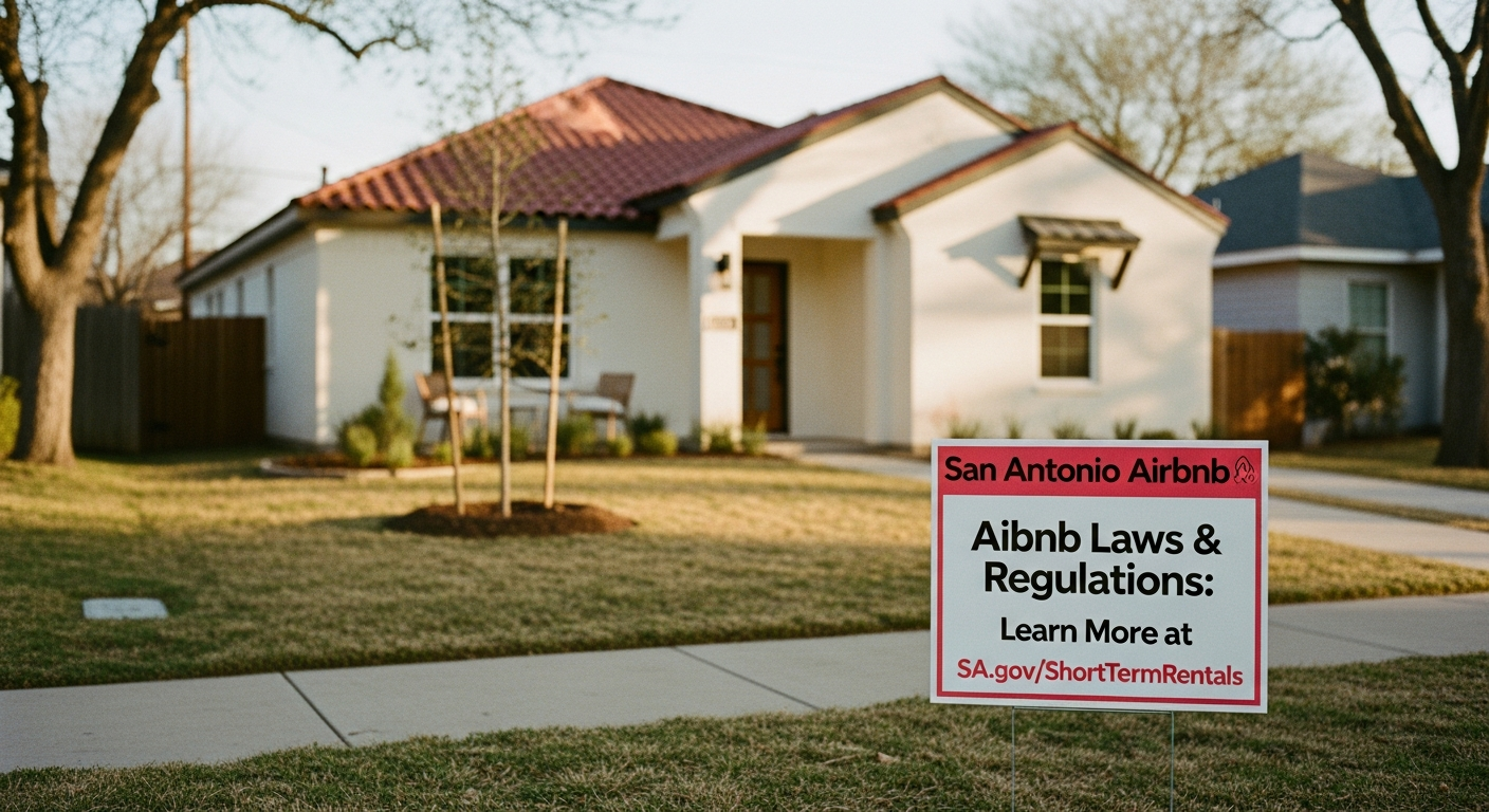 Palm-lined suburban street with white houses and a large Abbb sign in the foreground