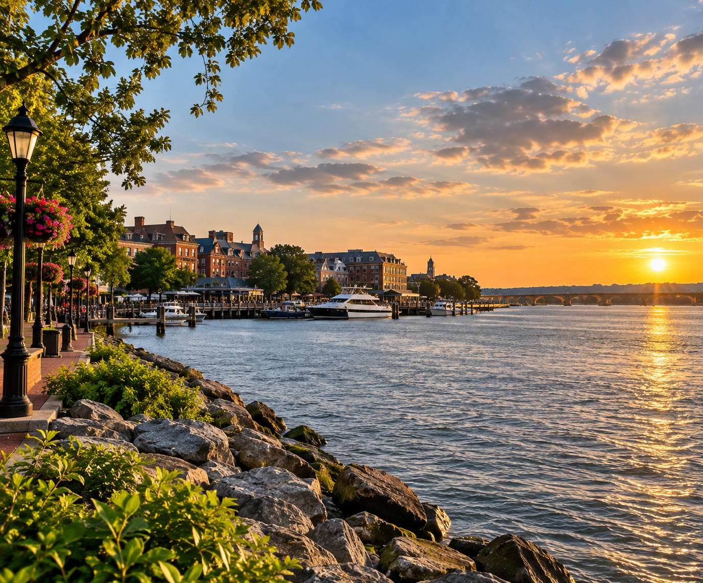Scenic view of Alexandria, Virginia’s historic waterfront along the Potomac River, featuring brick buildings, a marina, tree-lined promenade, and boats at sunset.
