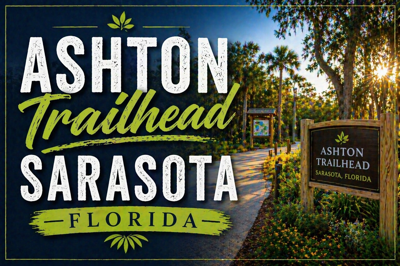 A gravel trail leads toward an overpass, passing a shaded bench under a roof structure surrounded by green trees.