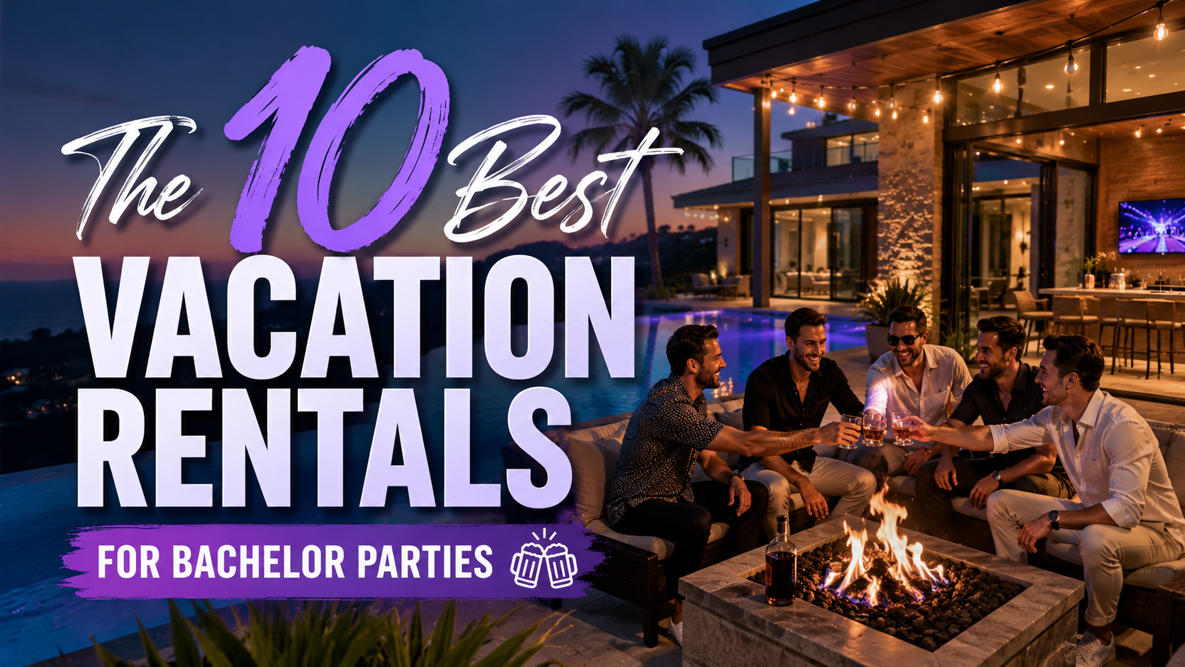 “10 Best Vacation Rentals for Bachelor Parties” promo at a lit poolside villa with friends around a fire pit