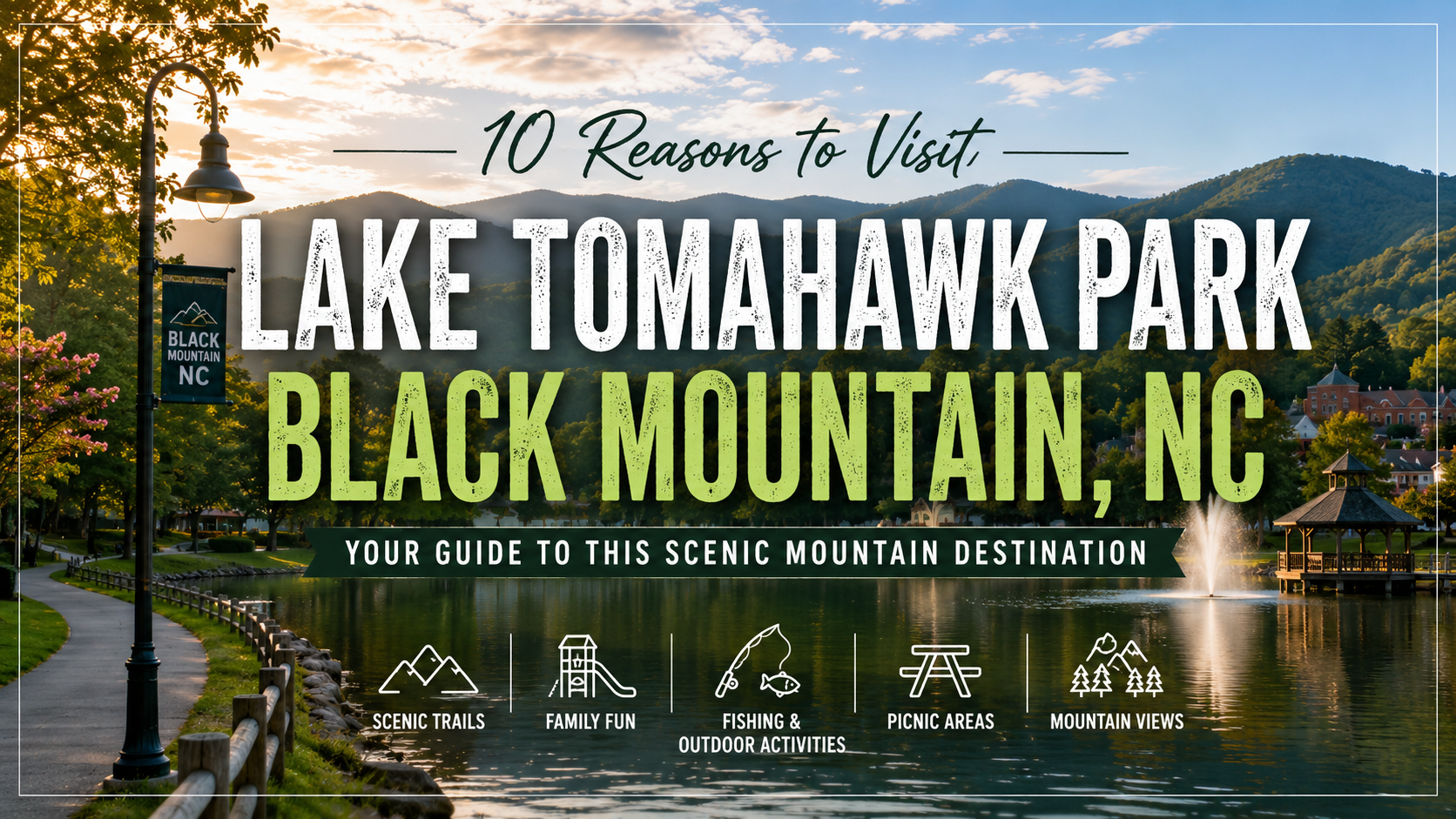 Scenic poster: Lake Tomahawk Park, Black Mountain, NC, with a mountain lake and sunset reflections.