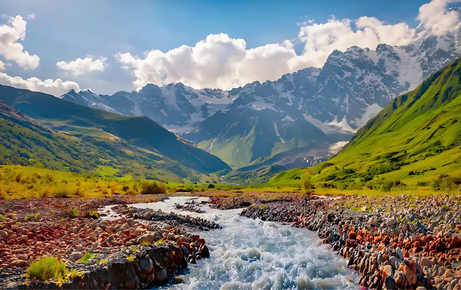 A river flowing through a mountain valley with mountains in the background in Georgia