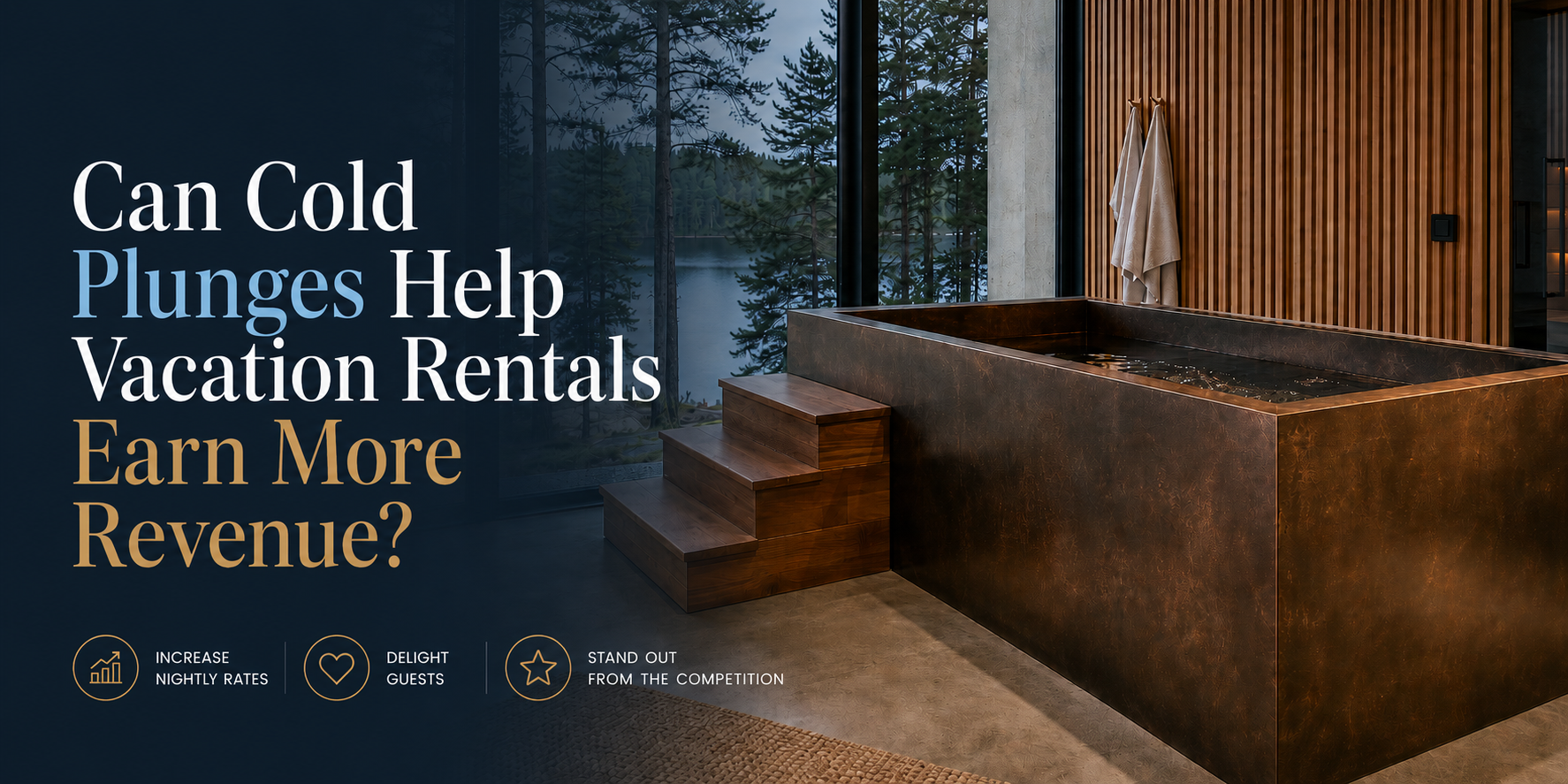 Blue ad banner: “Can Cold Plunges Help Vacation Rentals Earn More Revenue?” beside a cold plunge tub.