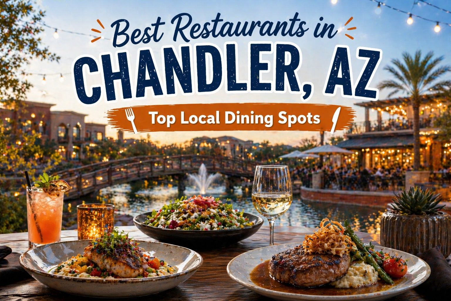 Promotional graphic for best restaurants in Chandler, AZ, showing plated dishes and a sunset patio scene