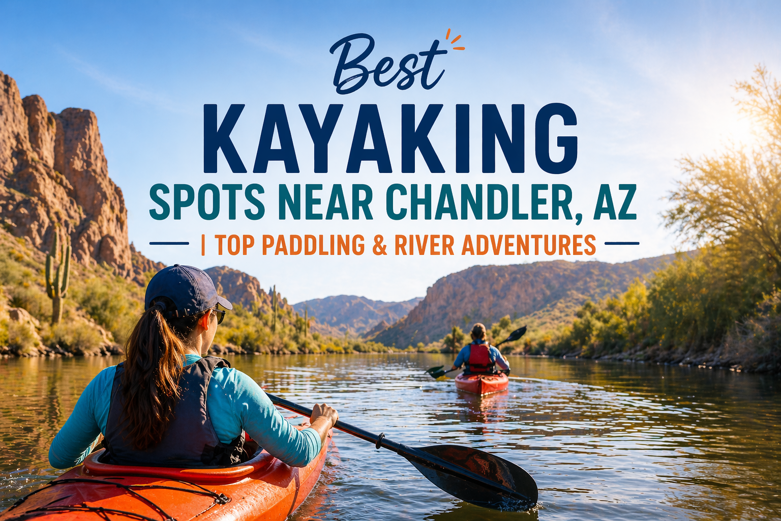 A wooden sign with photos of kayaking spots near Chandler, AZ. A scenic view of a river and mountains.