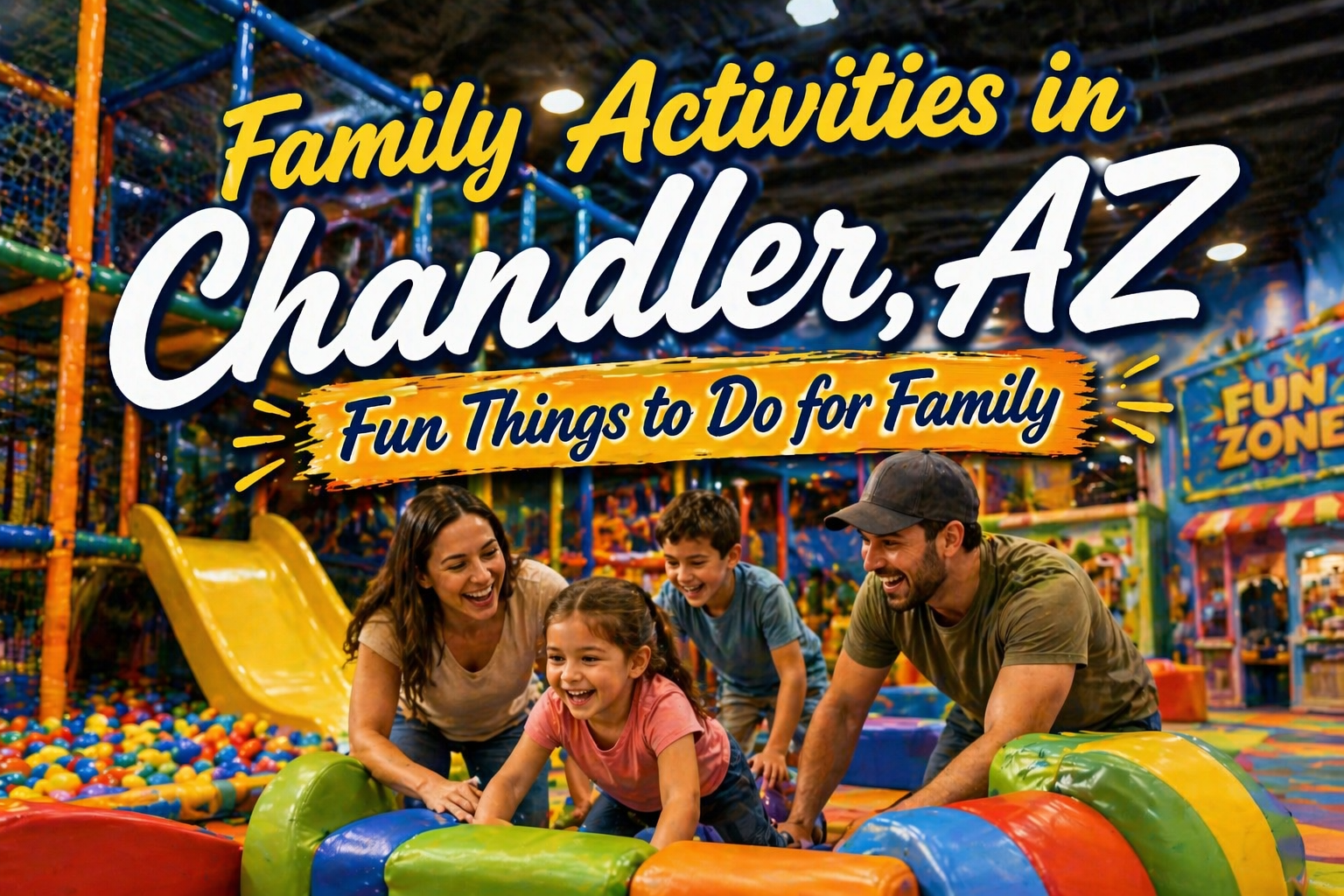 Families enjoying outdoor and indoor activities in Chandler, Arizona: hiking, mini-golf, crafting, and ice skating.