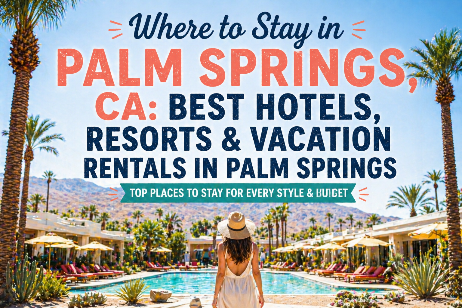 Palm Springs resort guide with pool, palm trees, and a woman in a sun hat under blue skies