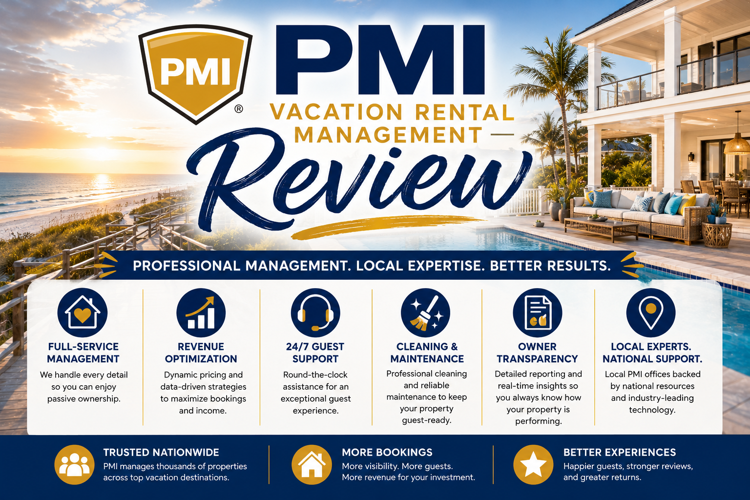 PMI Vacation Rental Management Review banner with beach resort, logos, and service icons on a blue background
