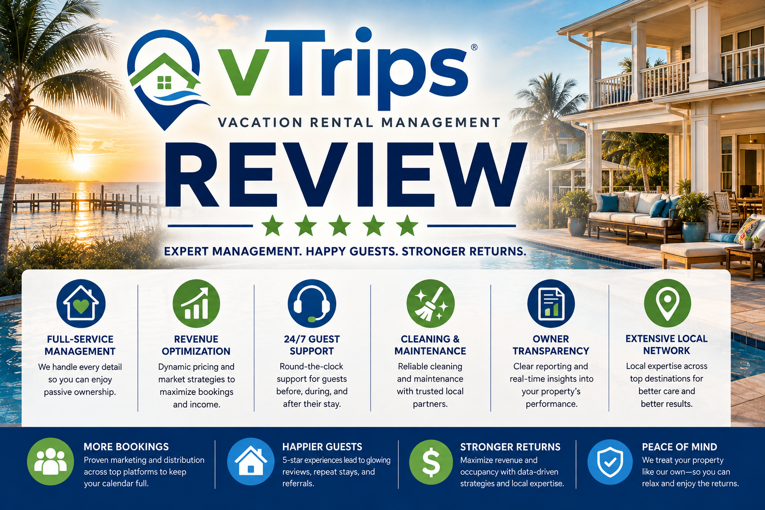 VTrips Review promotional banner with beach homes, stars, and service icons in blue and green