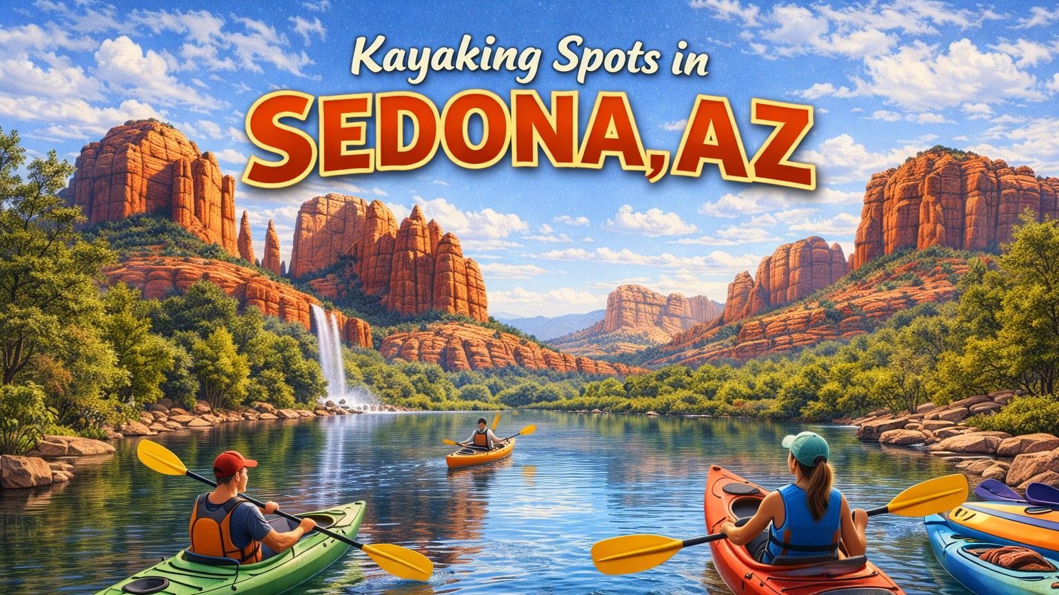 Kayakers on a river in Sedona, Arizona, with red rock cliffs and waterfalls in the background.