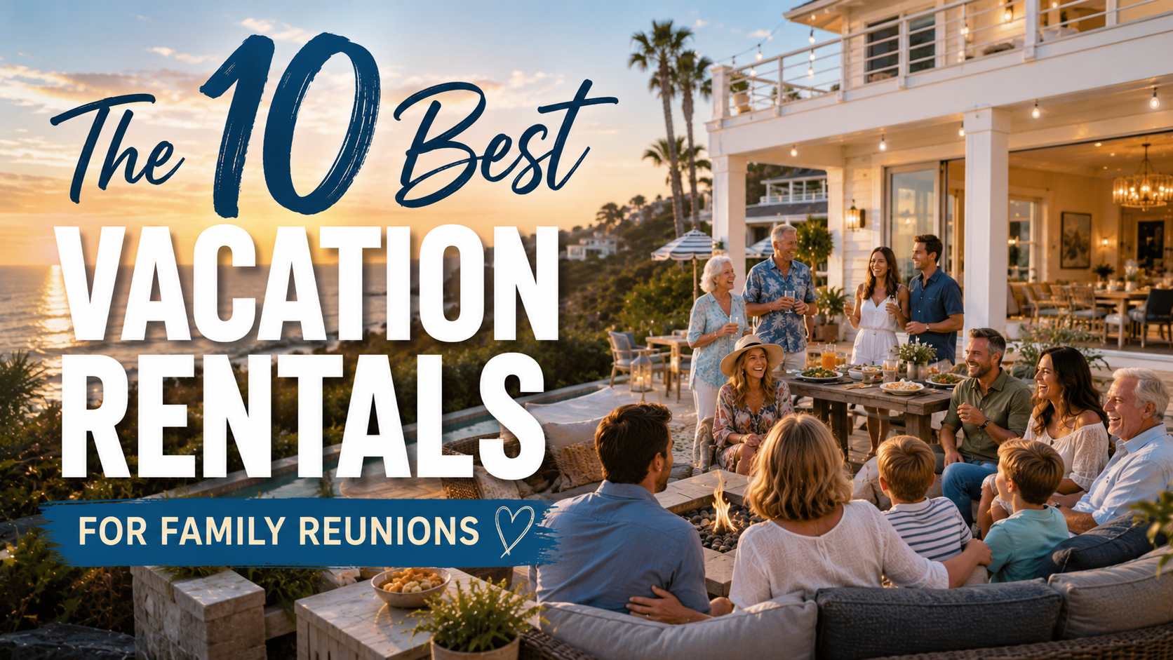 Promotional graphic for family reunion vacation rentals with a large house and gathered guests at sunset