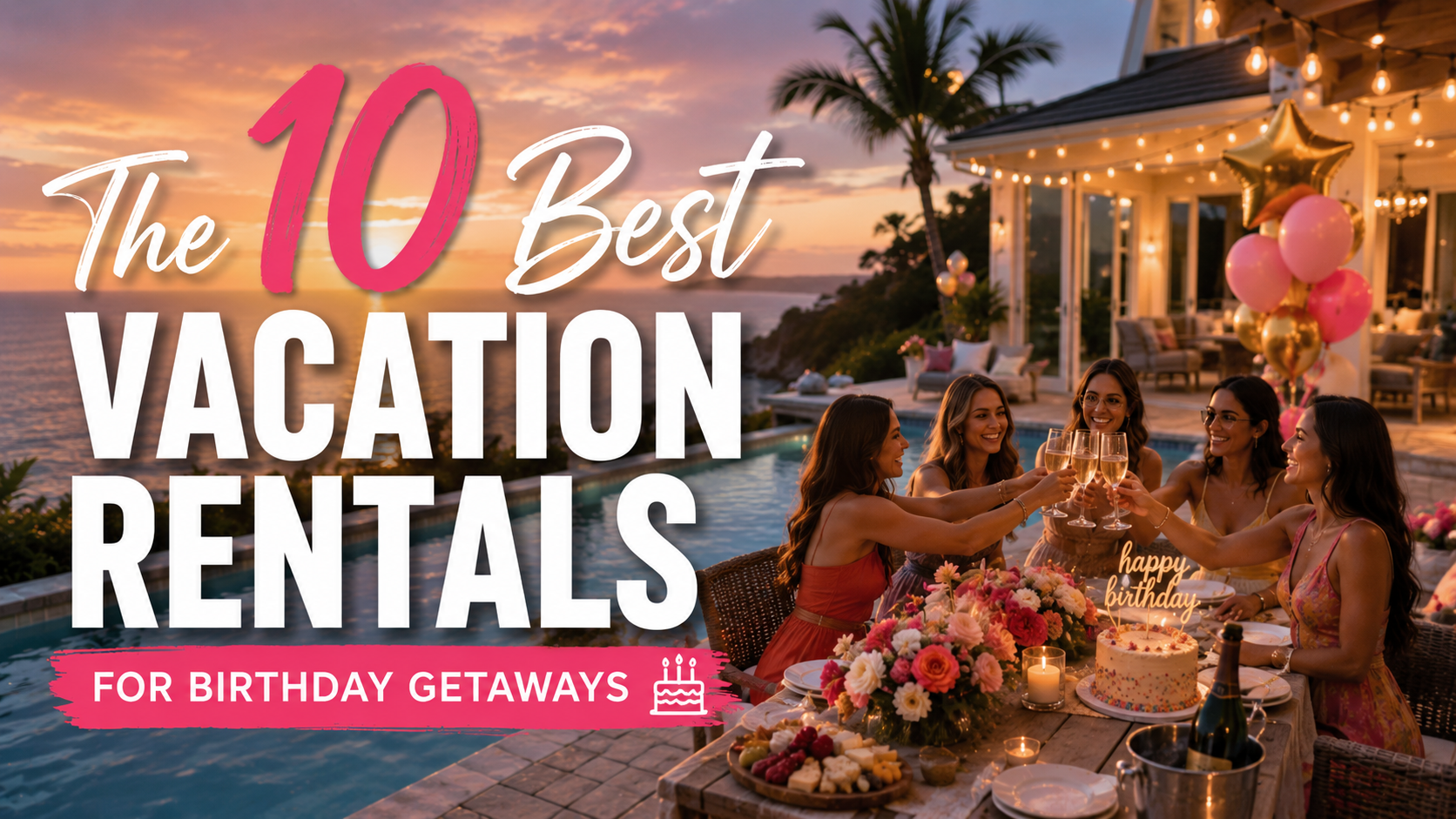 Promotional graphic for 10 best vacation rentals for birthday getaways, with women dining on a festive patio at sunset