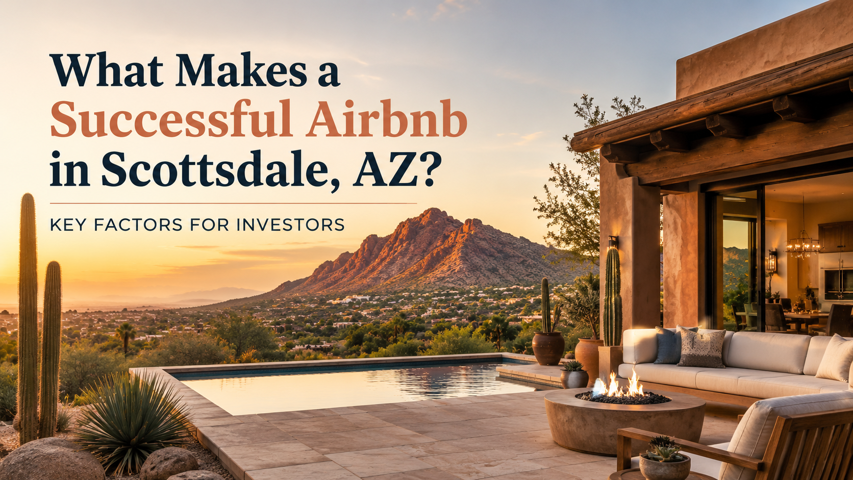 Scenic Scottsdale Airbnb patio at sunset with mountain views and text about successful short-term rentals