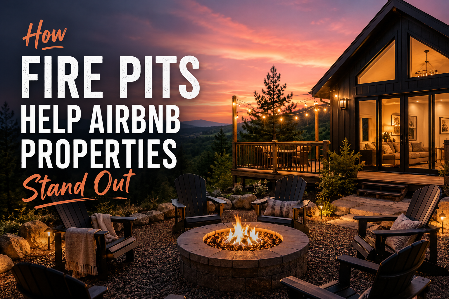 Cozy backyard fire pit beside an Airbnb-style cabin at sunset, with chairs and warm lighting